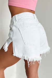 Blaise Mid Rise Destroyed Denim Shorts (White) - NanaMacs