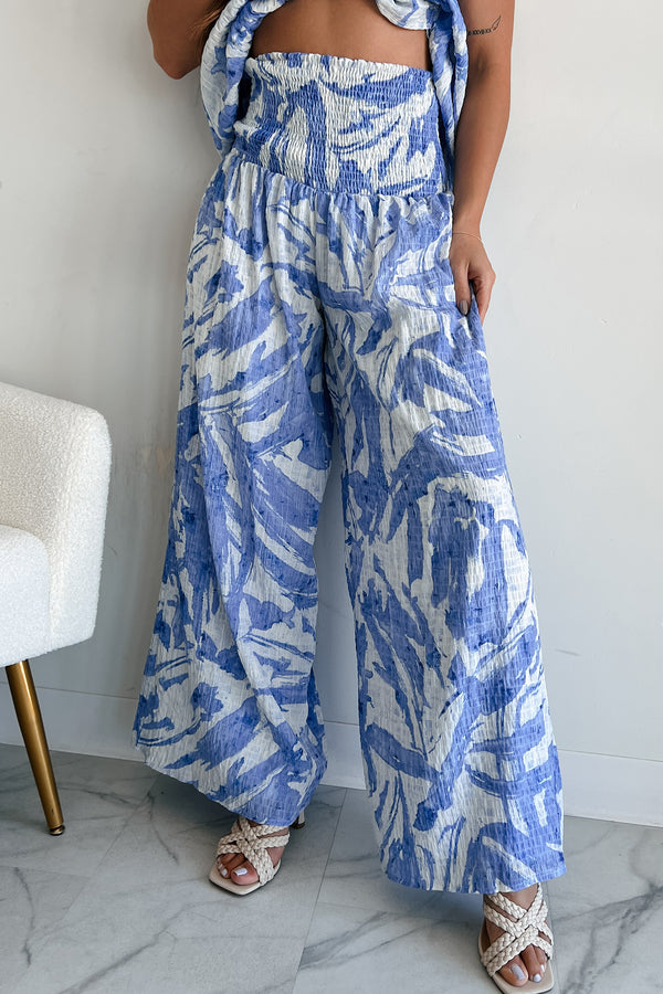 Iconic Option Printed Smocked Wide Leg Pants (Blue) - NanaMacs