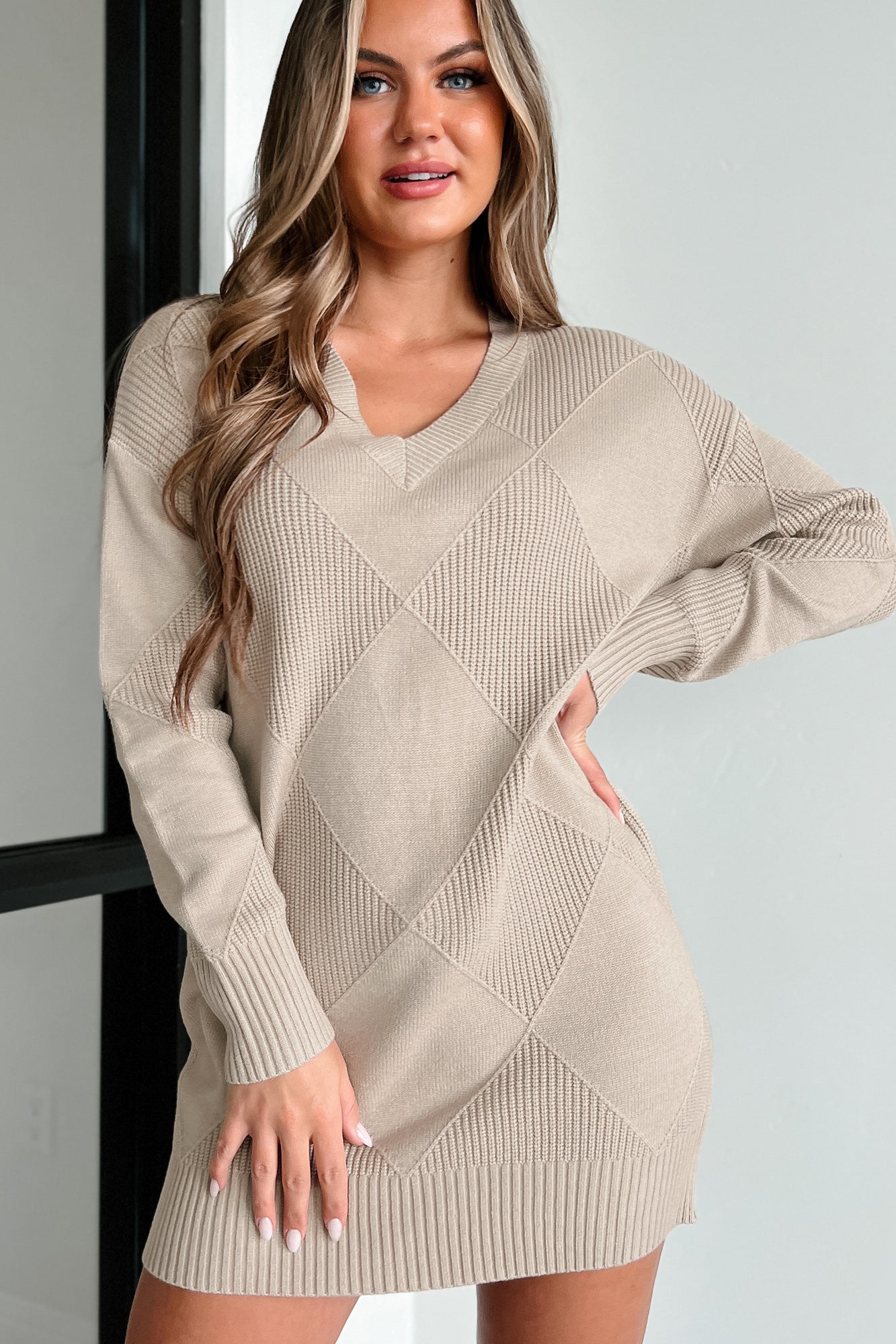 The Right Angle Diamond Pattern Sweater Dress (Taupe) - NanaMacs