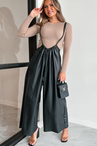 Mystic Treasures Pleather Wide Leg Suspender Jumpsuit (Black) - NanaMacs