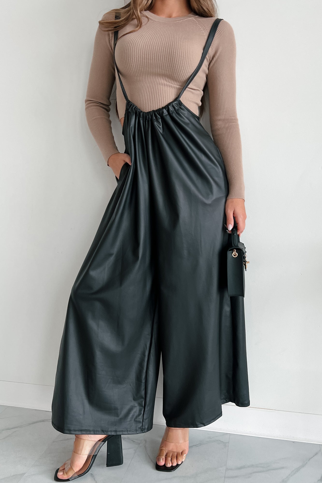 Mystic Treasures Pleather Wide Leg Suspender Jumpsuit (Black) - NanaMacs