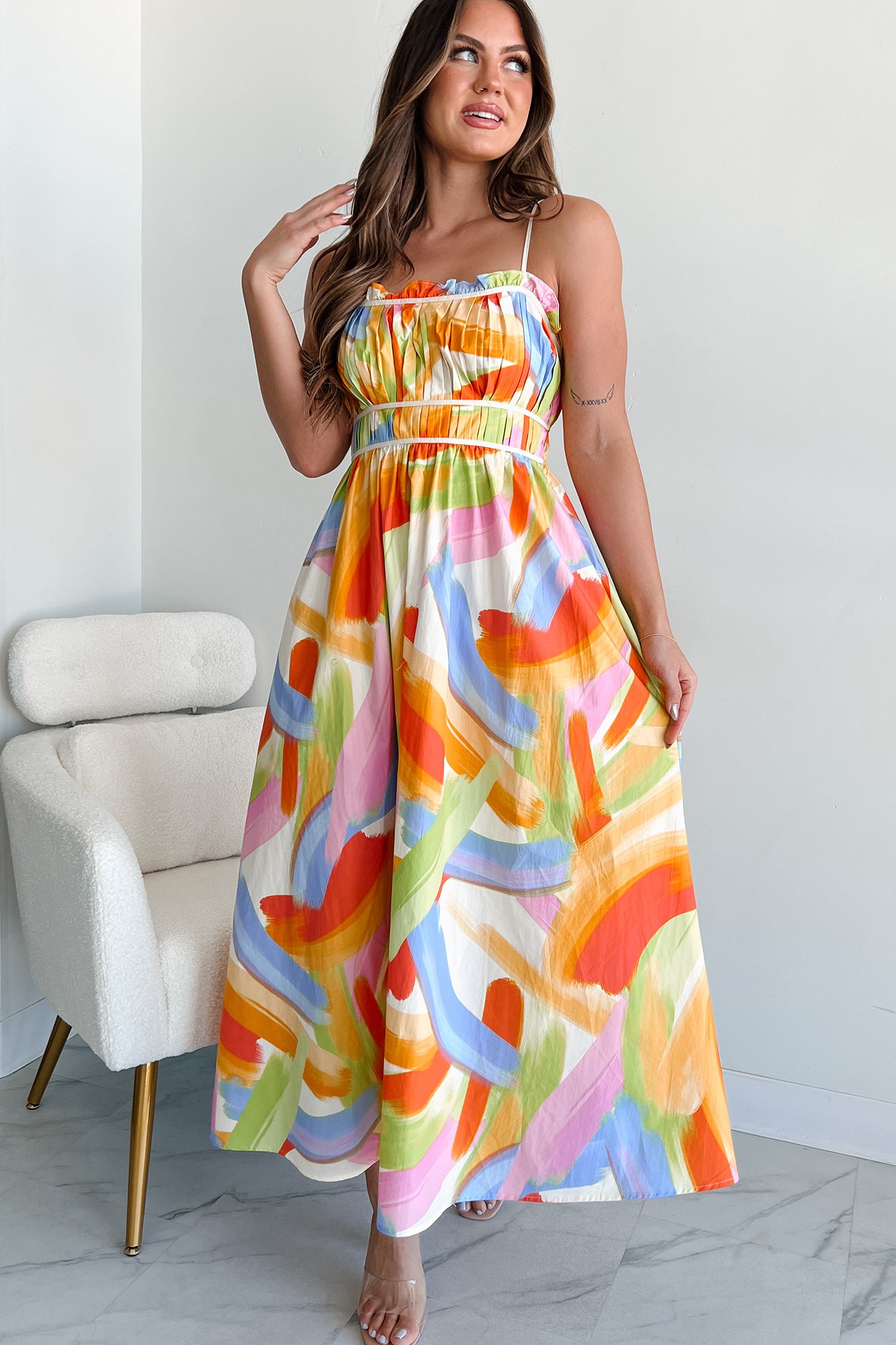 Peach Love Women's Passionate Response Printed Maxi Dress in White/Blue/Yellow Peach Love Women's Passionate Response Printed Maxi Dress in White/Blue/Yellow