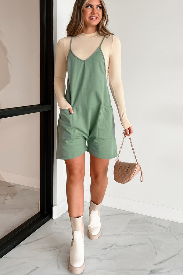 Playful Personality Loose Fit V-Neck Romper (Deep Sage) - NanaMacs