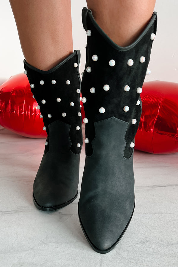 The Cowgirl Way Pearl Embellished Western Booties (Black) - NanaMacs