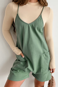 Playful Personality Loose Fit V-Neck Romper (Deep Sage) - NanaMacs