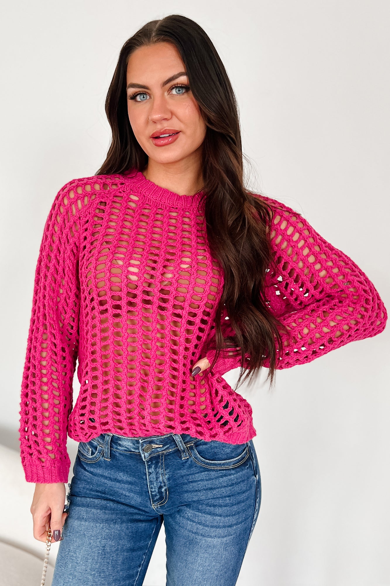 Castillo Hollow Knit Sweater Top (Hot Pink) - NanaMacs