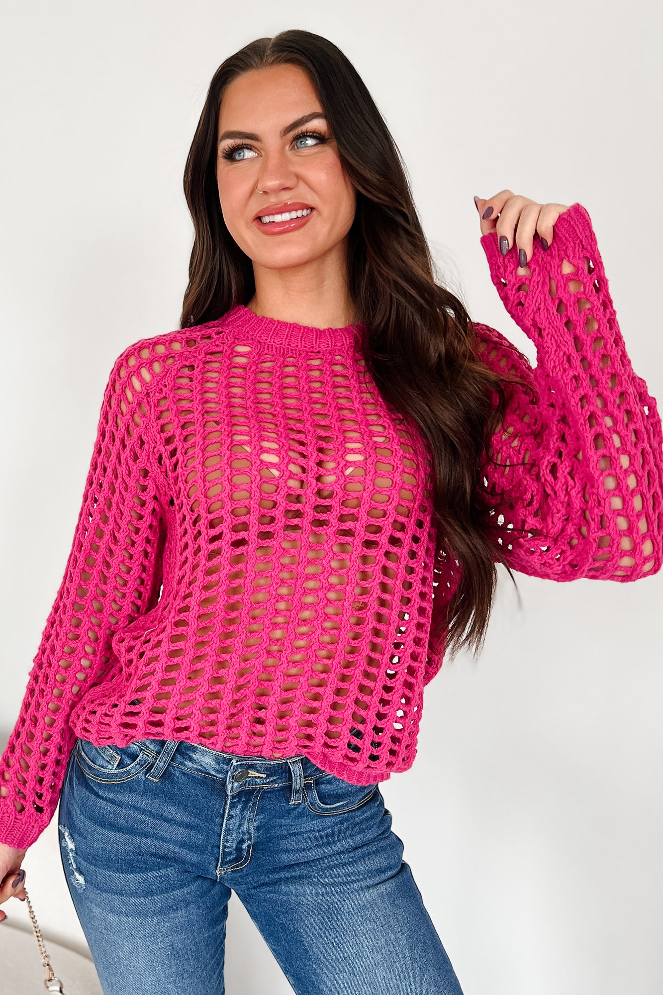 Castillo Hollow Knit Sweater Top (Hot Pink) - NanaMacs