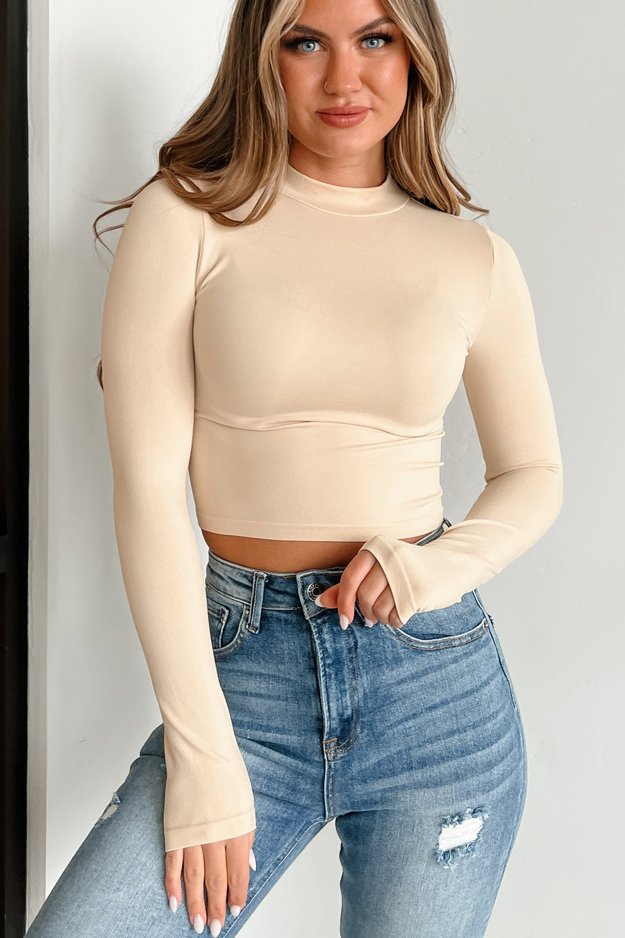 For The Record Mock Neck Long Sleeve Crop Top (Nude) - NanaMacs