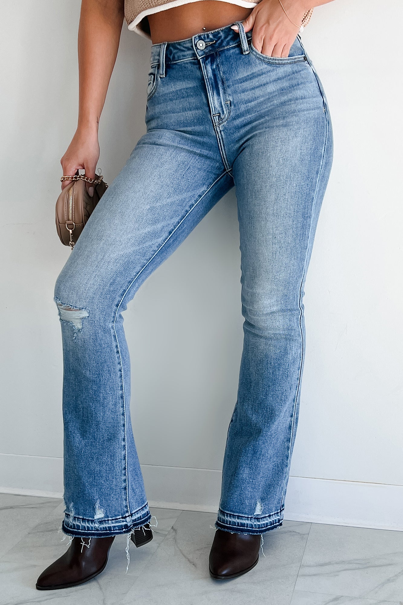 Lost Cause Mid-Rise Vintage Wash Distressed Flare Jeans (Vintage) - NanaMacs