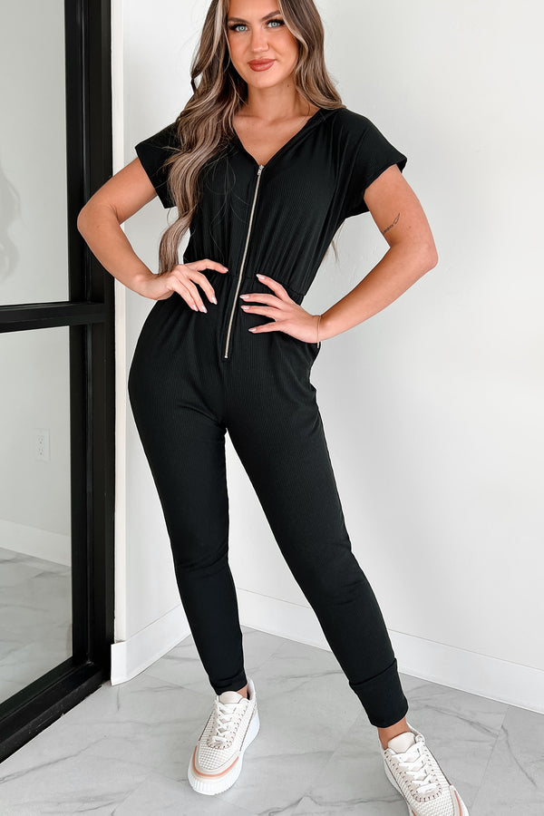 Best Laid Plans Zip-Front Hooded Ribbed Jumpsuit (Black) - NanaMacs