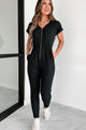 Best Laid Plans Zip-Front Hooded Ribbed Jumpsuit (Black) - NanaMacs