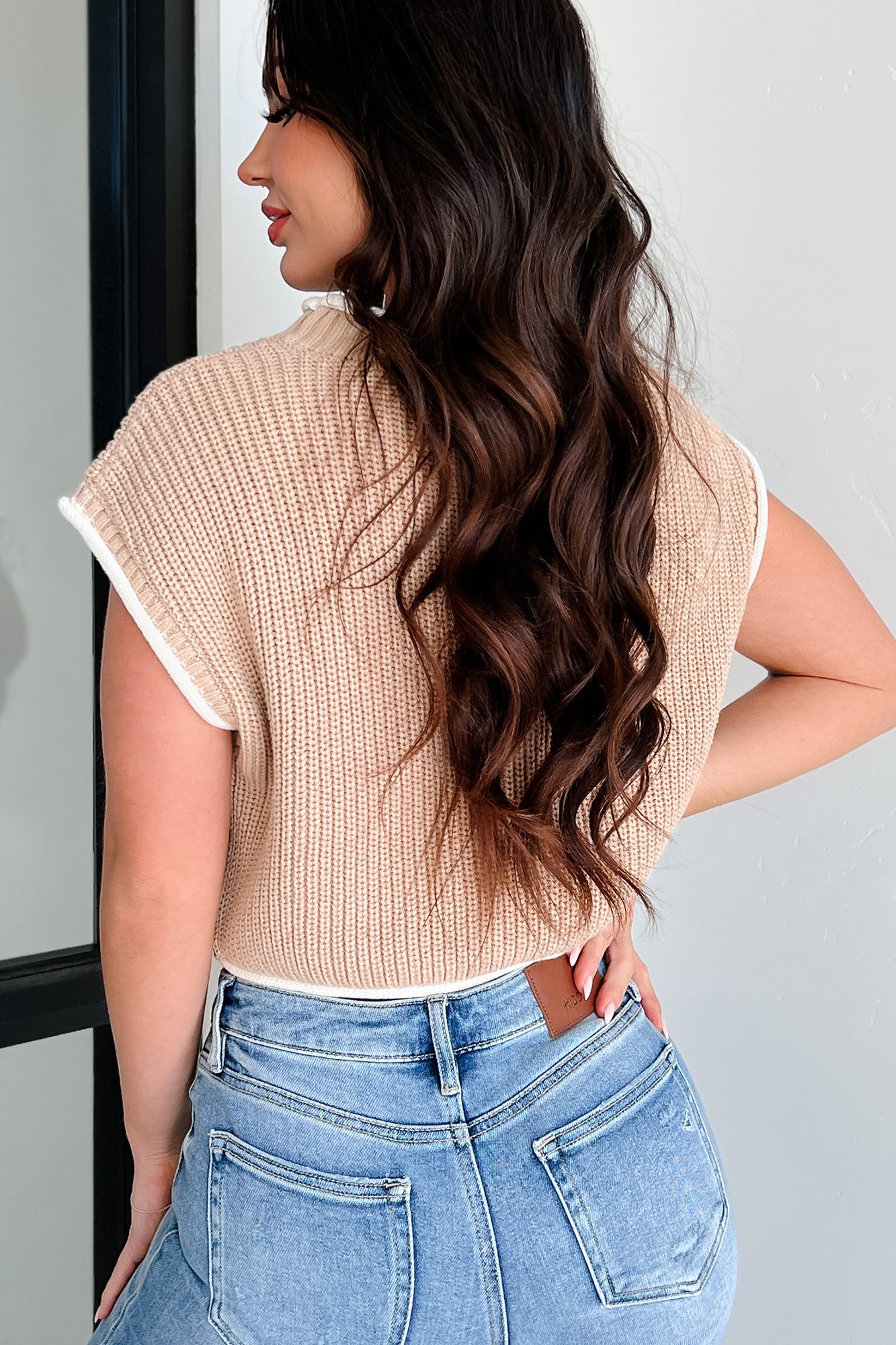 Savoring The Present Contrast Trim Crop Sweater (Tan) - NanaMacs