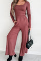 Cutting Corners Square Neck Wide Leg Jumpsuit (Red Brown) - NanaMacs