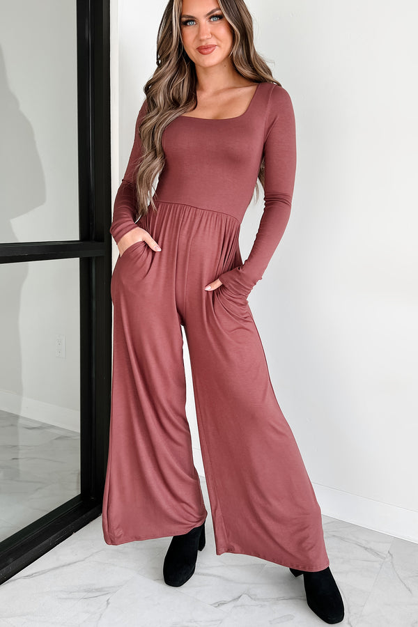 Cutting Corners Square Neck Wide Leg Jumpsuit (Red Brown) - NanaMacs