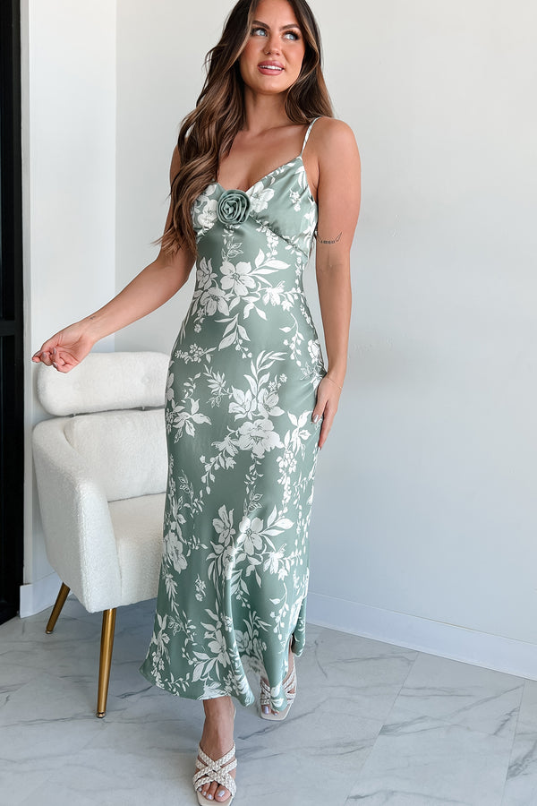 Botanical Blend Satin Floral Midi Dress (Sage) - NanaMacs