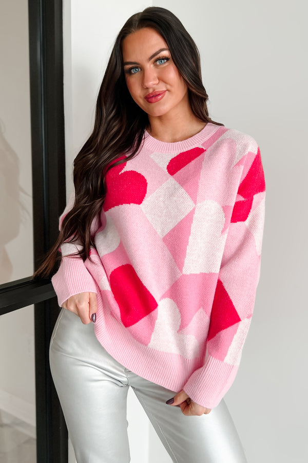 No Valentine Needed Heart Pattern Oversized Sweater (Pink/Red) - NanaMacs