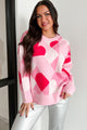 No Valentine Needed Heart Pattern Oversized Sweater (Pink/Red) - NanaMacs