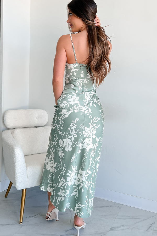 Botanical Blend Satin Floral Midi Dress (Sage) - NanaMacs