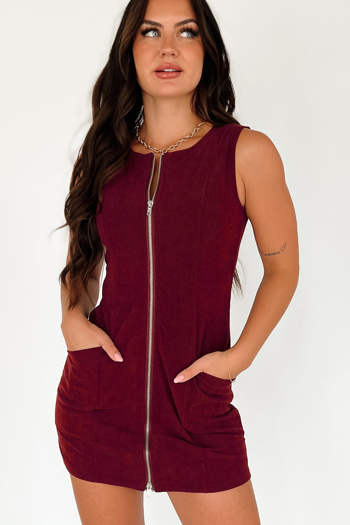 Binda Zip-Up Corduroy Dress (Maroon) - NanaMacs