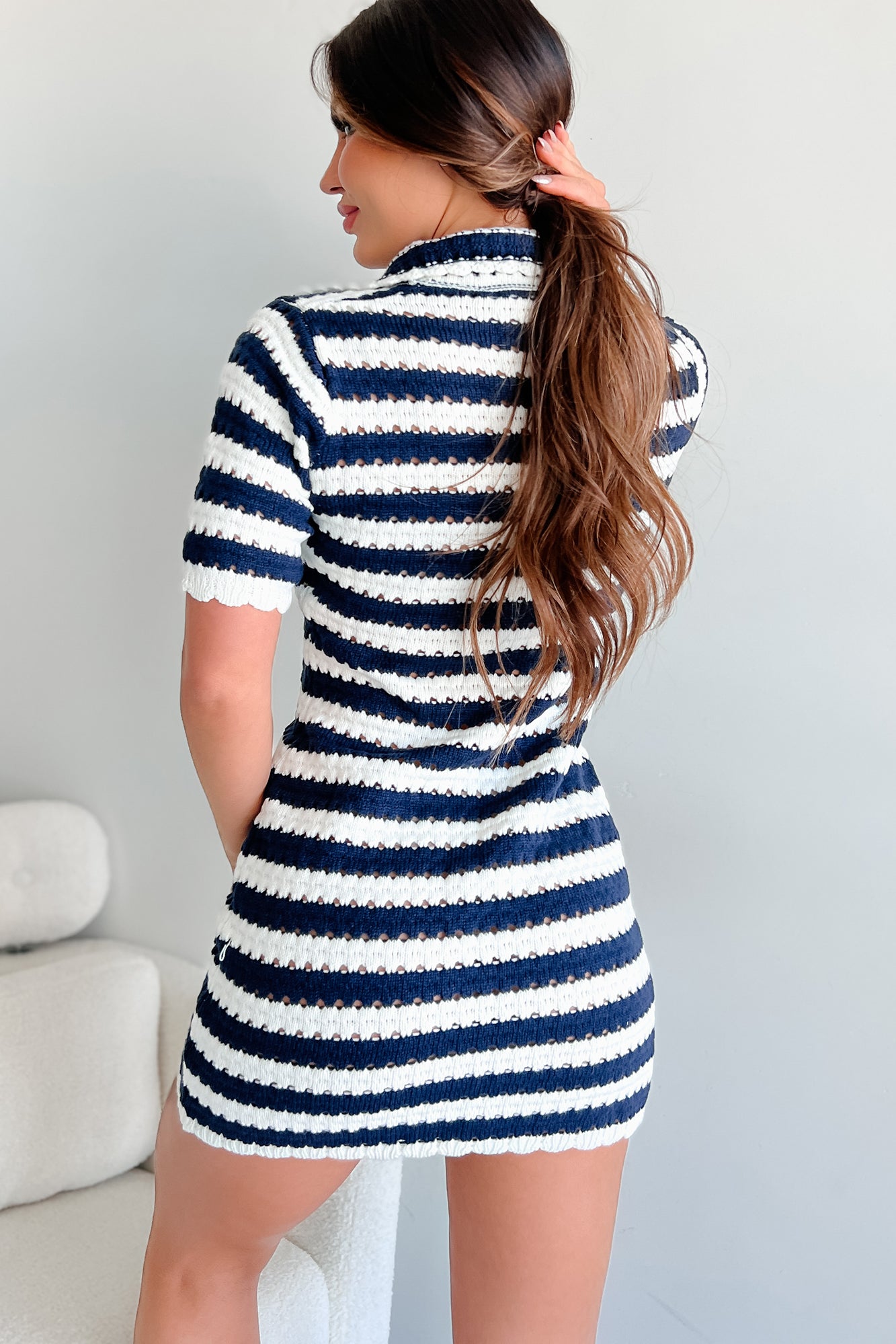 Sea You Later Striped Crochet Mini Dress (Navy/Ivory) - NanaMacs