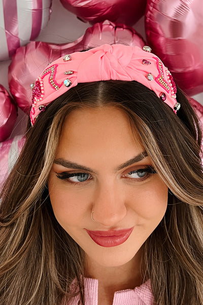Love On The Brain Beaded/Rhinestone Headband (Pink) - NanaMacs