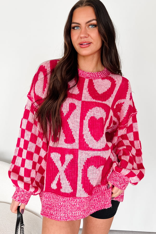 Melting My Heart Checkered Sleeve Valentine's Day Sweater (Fuchsia) - NanaMacs