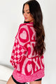 Melting My Heart Checkered Sleeve Valentine's Day Sweater (Fuchsia) - NanaMacs