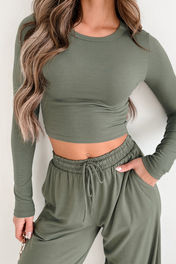 In Plain Sight Long Sleeve Crop Top (Dusty Olive) - NanaMacs