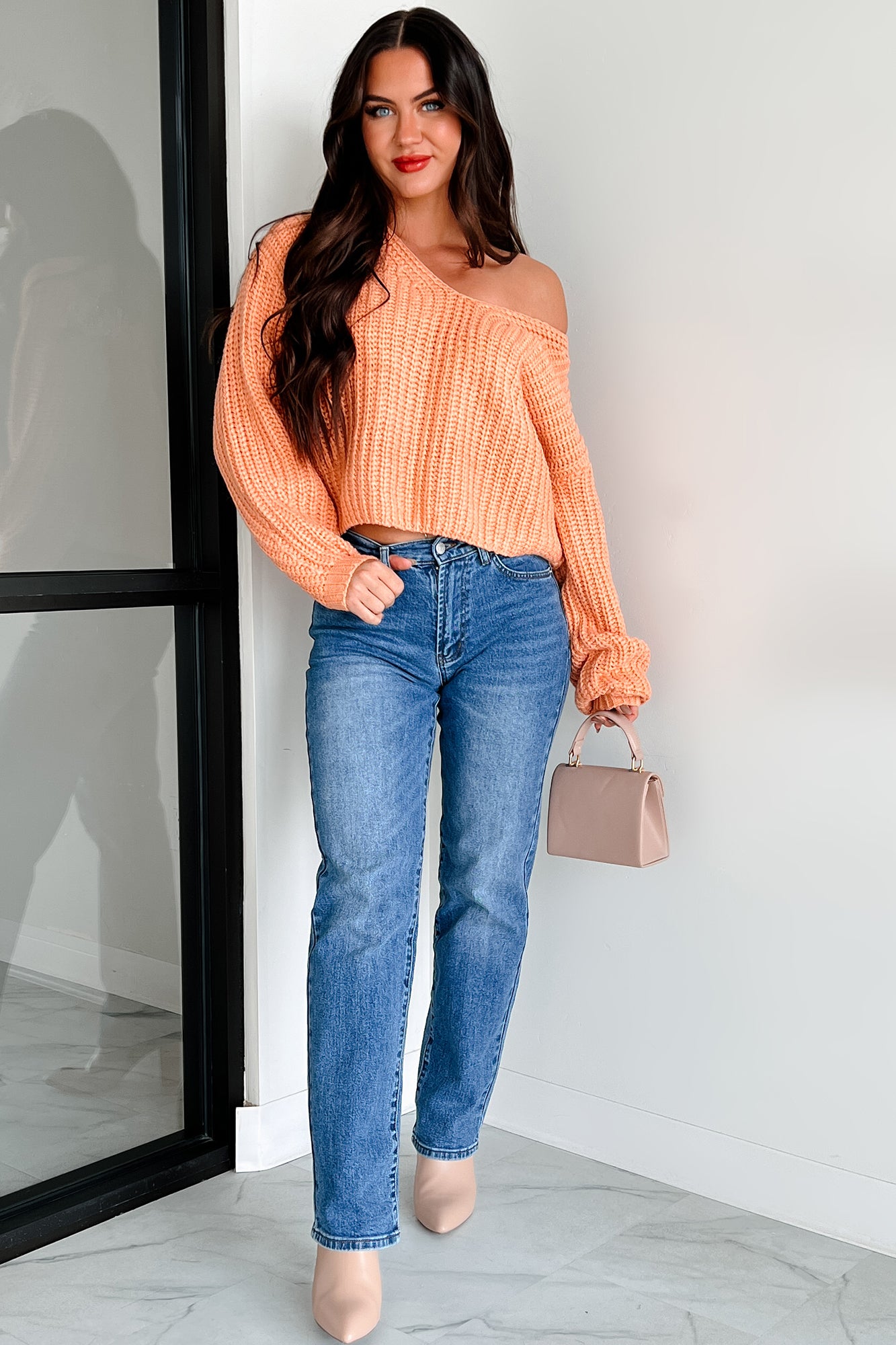 The World Is Yours Chunky V-Neck Sweater (Apricot Orange) - NanaMacs