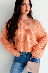 The World Is Yours Chunky V-Neck Sweater (Apricot Orange) - NanaMacs