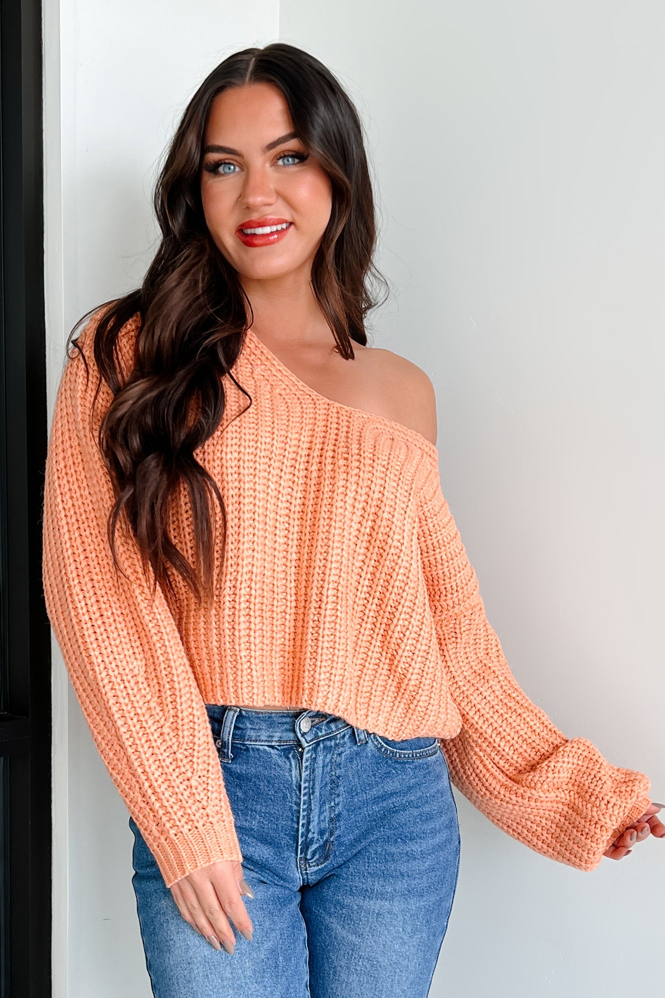 The World Is Yours Chunky V-Neck Sweater (Apricot Orange) - NanaMacs