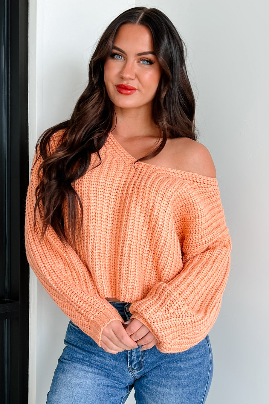 The World Is Yours Chunky V-Neck Sweater (Apricot Orange)