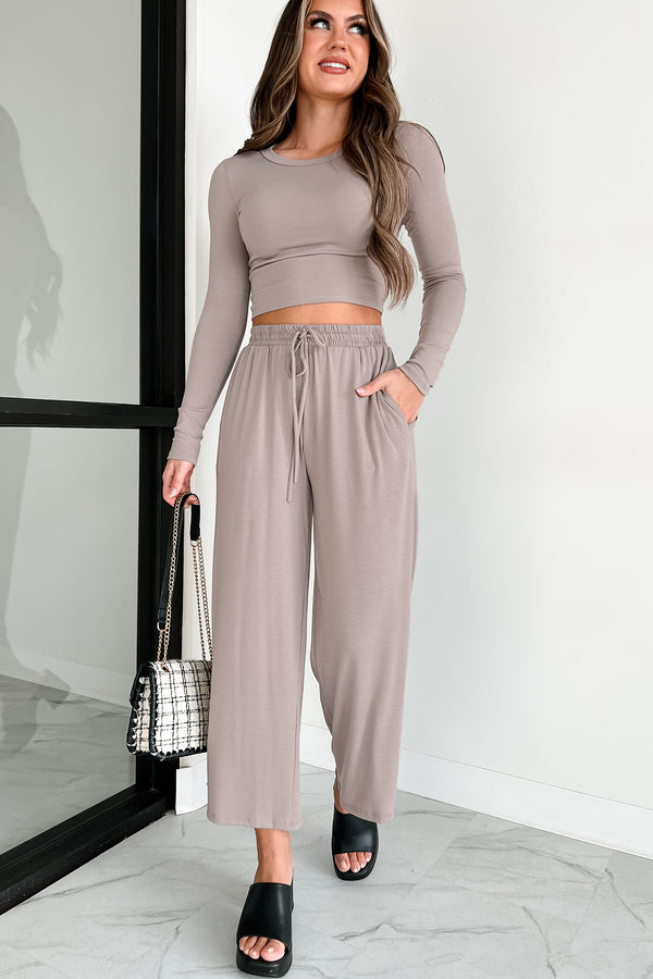 Lazy Reputation Drawstring Waist Lounge Pants (Taupe) - NanaMacs