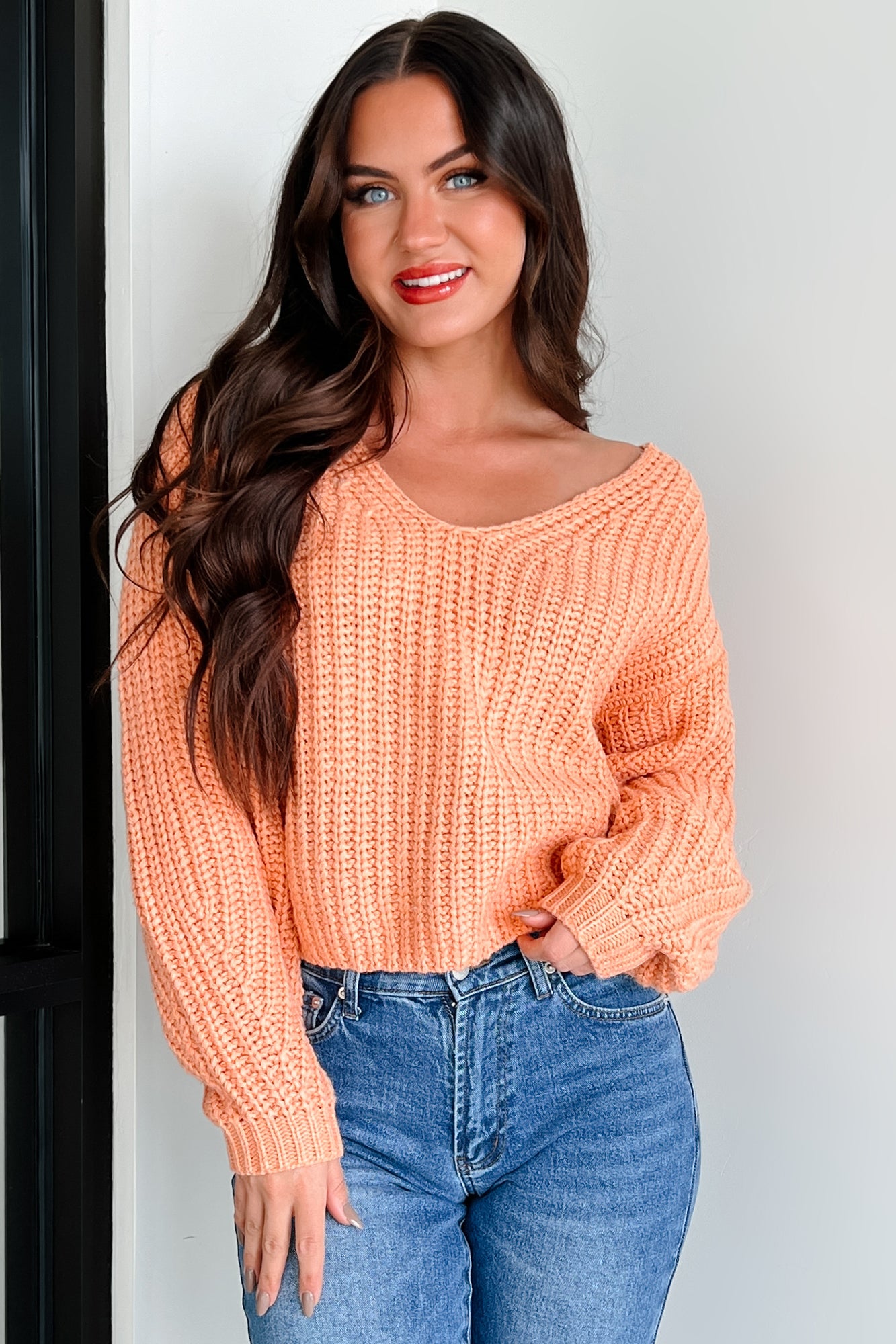 The World Is Yours Chunky V-Neck Sweater (Apricot Orange) - NanaMacs