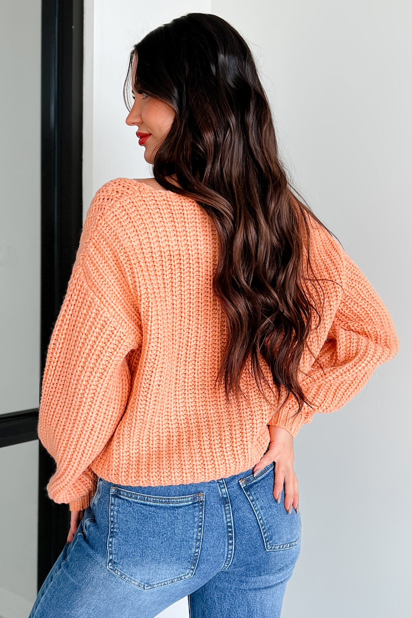 The World Is Yours Chunky V-Neck Sweater (Apricot Orange) - NanaMacs