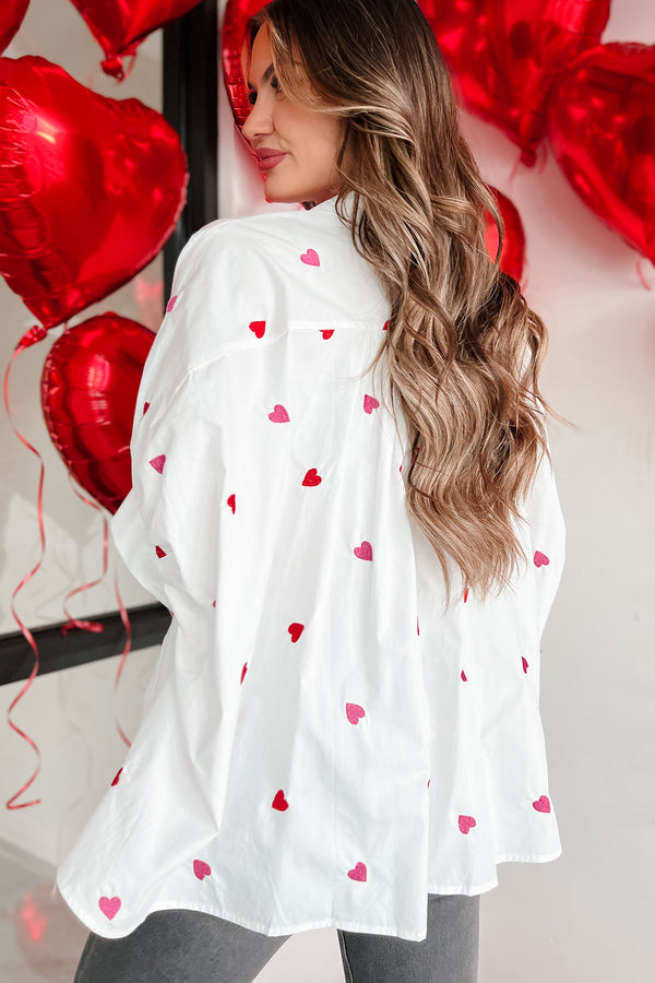 Lovestruck Babe Heart Embroidered Oversized Button-Down (White) - NanaMacs