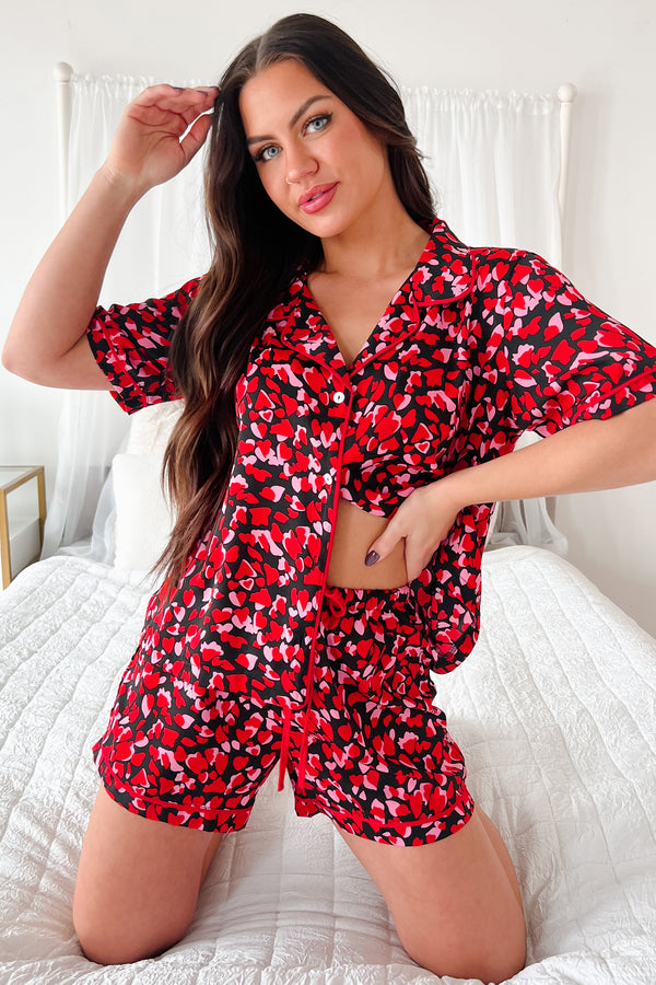 My Secret Crush Silky Printed Pajama Set (Black/Pink) - NanaMacs