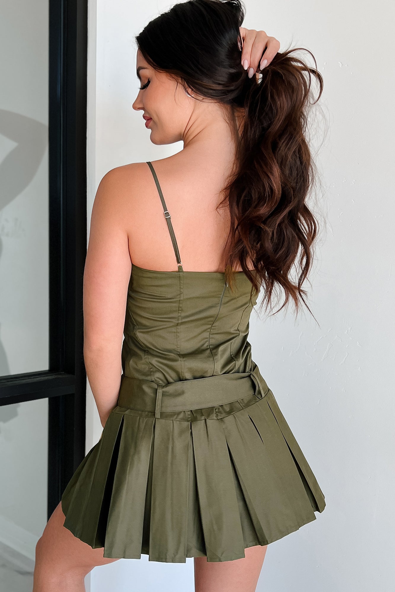 Inquisitive Nature Pleated Mini Dress (Olive) · NanaMacs