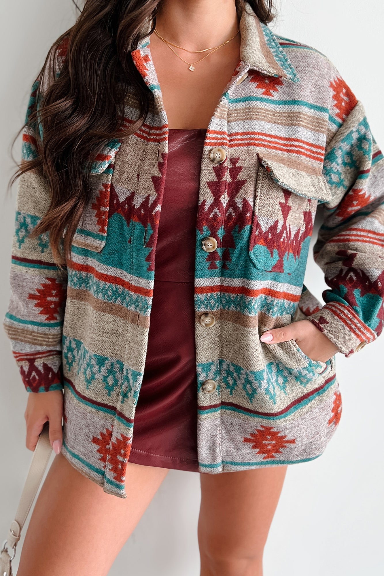 Dreaming Of The Desert Aztec Print Shacket (Teal) - NanaMacs