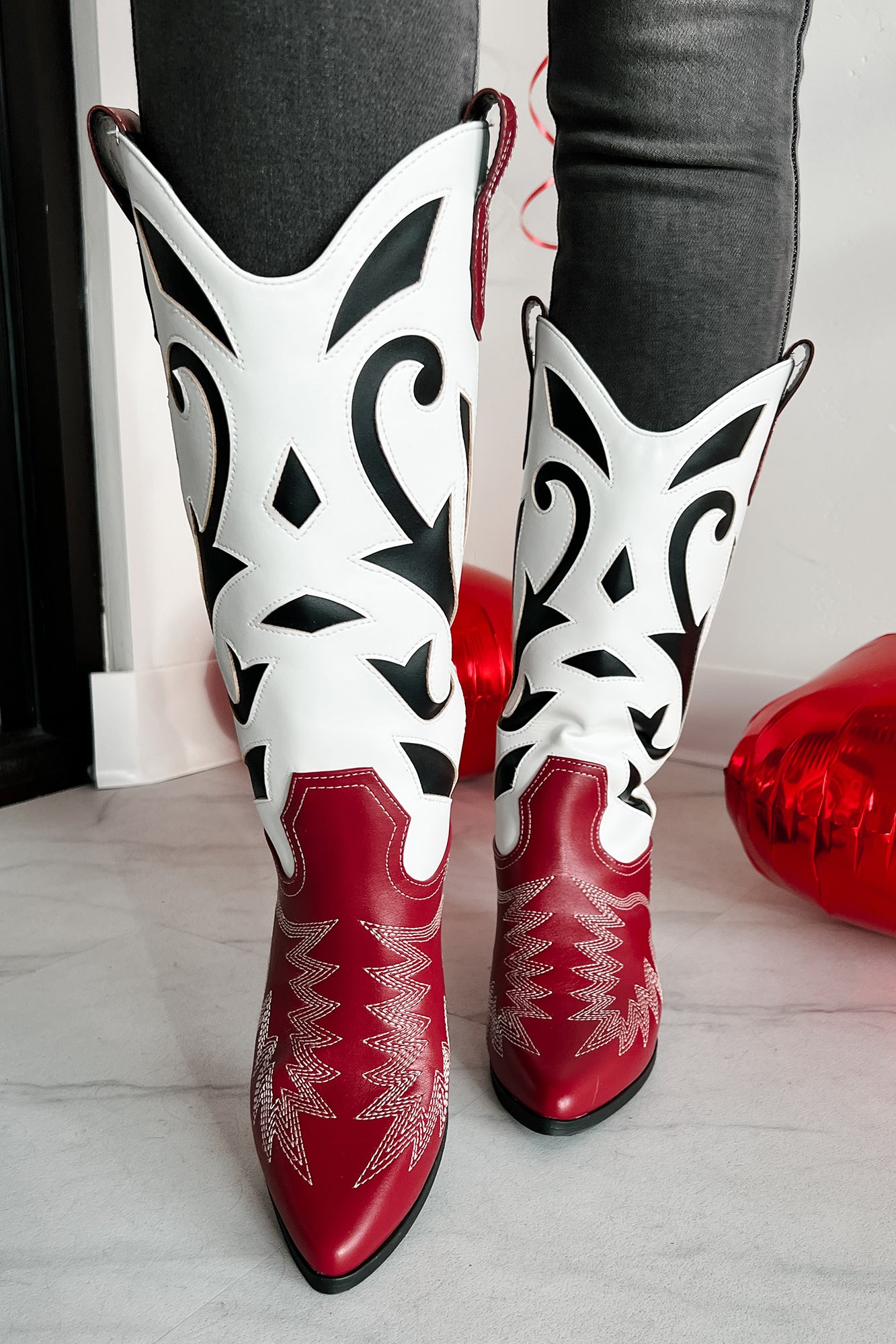 Proud Country Girl Colorblock Cowboy Boots (Red/White/Black) - NanaMacs