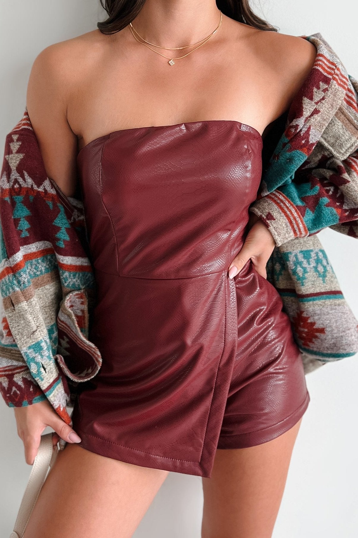 Women's Snake In The Grass Faux Leather Snake Print Romper In Burgundy - Size L Women's Snake In The Grass Faux Leather Snake Print Romper In Burgundy - Size L