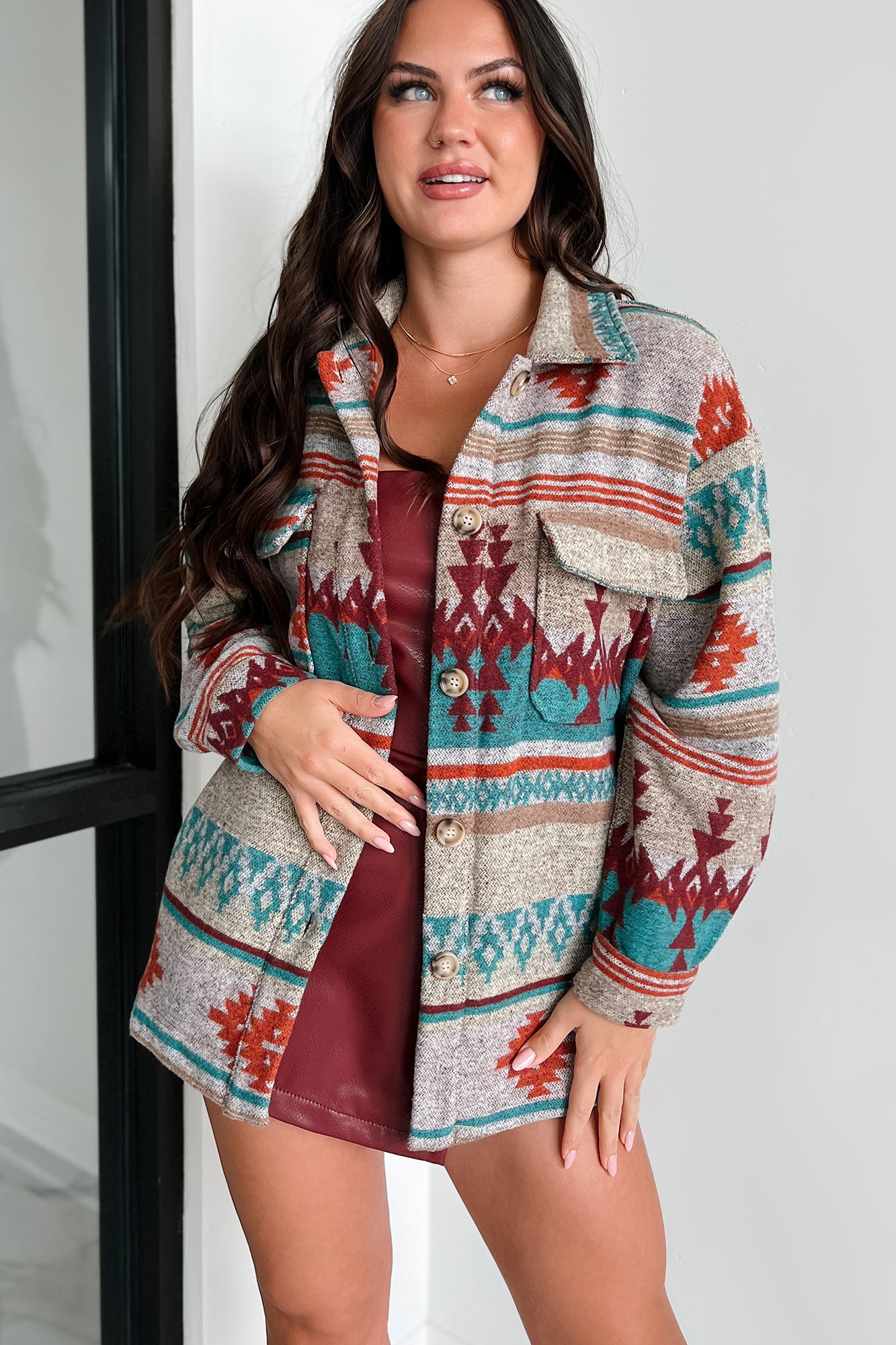 Dreaming Of The Desert Aztec Print Shacket (Teal) - NanaMacs