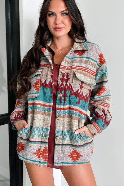 Dreaming Of The Desert Aztec Print Shacket (Teal) - NanaMacs