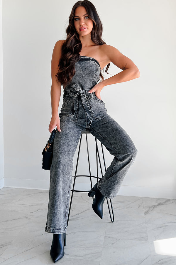 Embracing My Flaws Strapless Denim Jumpsuit (Acid Black) - NanaMacs