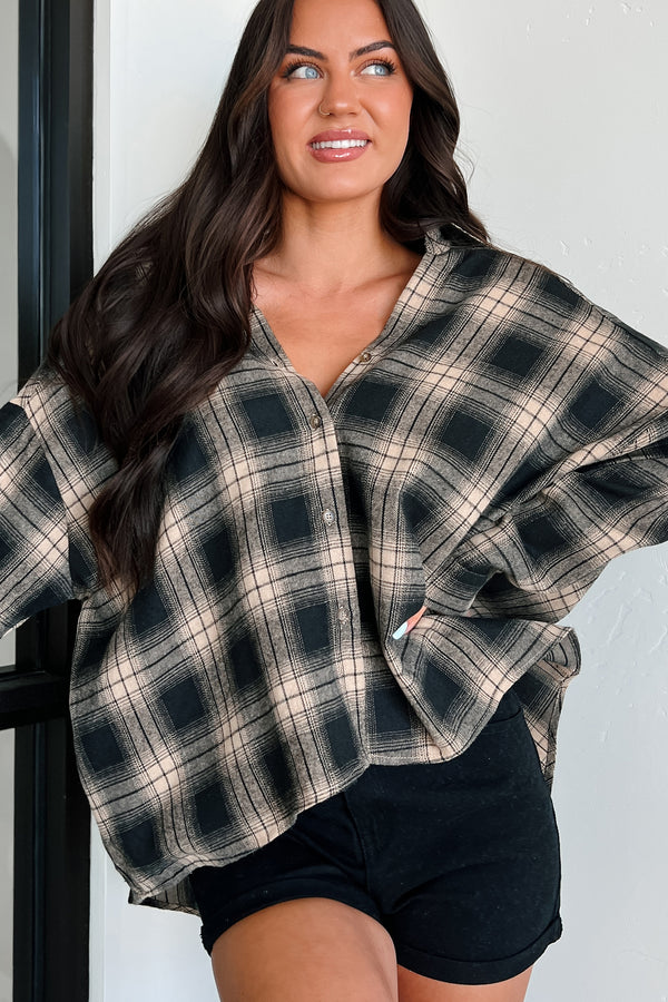 Tamsin Oversized Plaid Button Up Shirt (Taupe) - NanaMacs