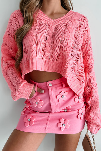 All About The Cuteness Cable Knit Crop Sweater (Pink) - NanaMacs