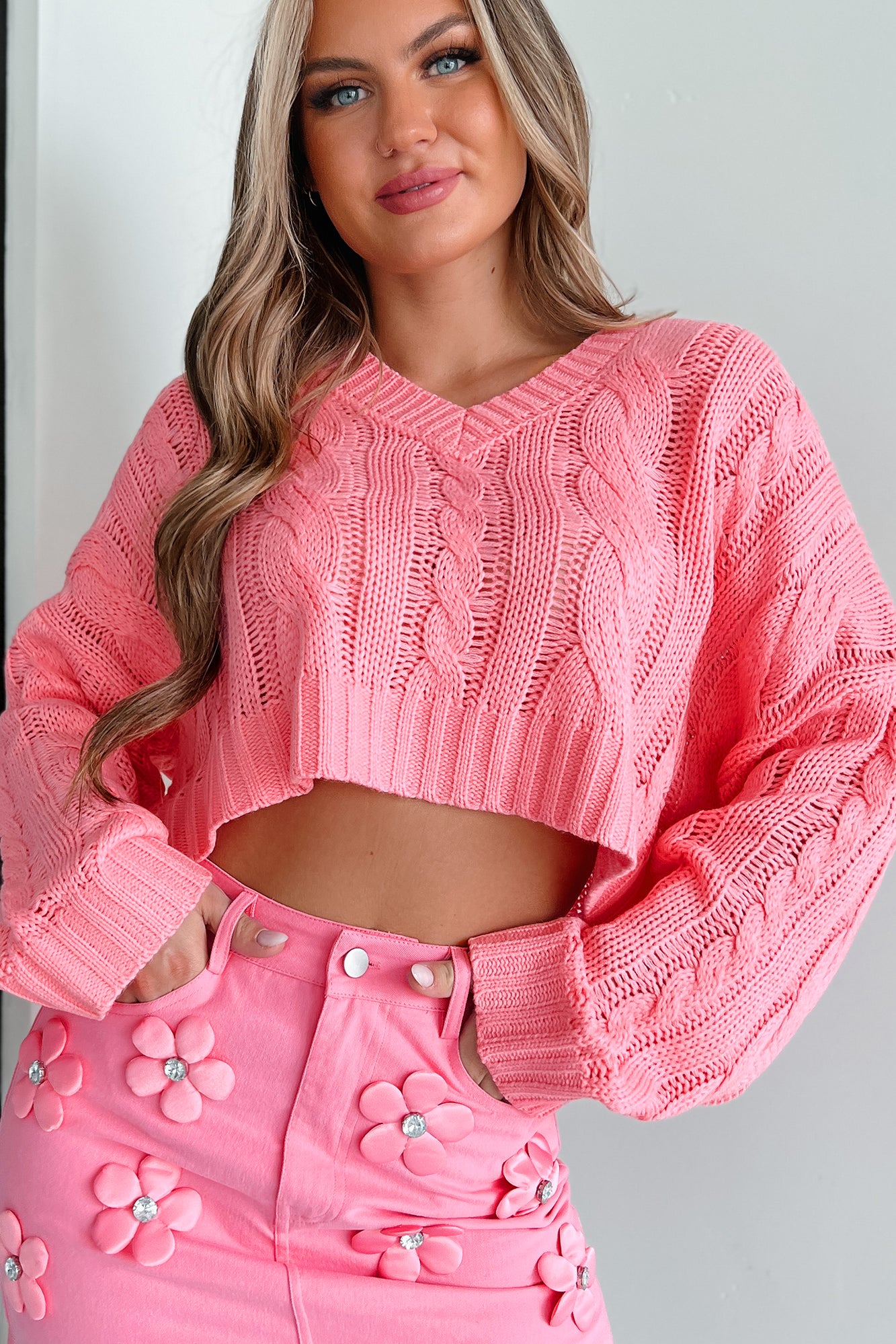 All About The Cuteness Cable Knit Crop Sweater (Pink) - NanaMacs