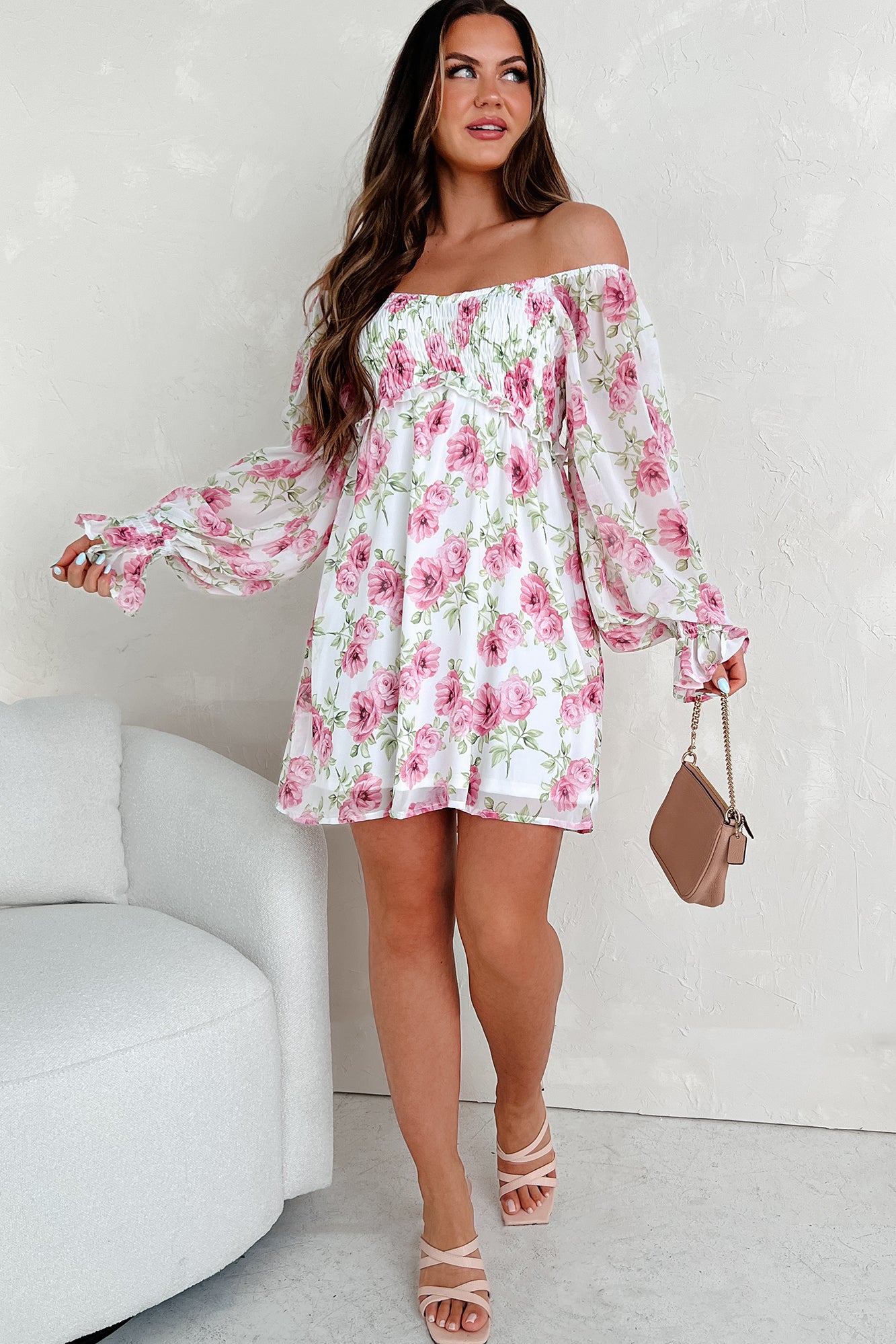 A Beautiful Feeling Smocked Floral Chiffon Mini Dress (White) - NanaMacs