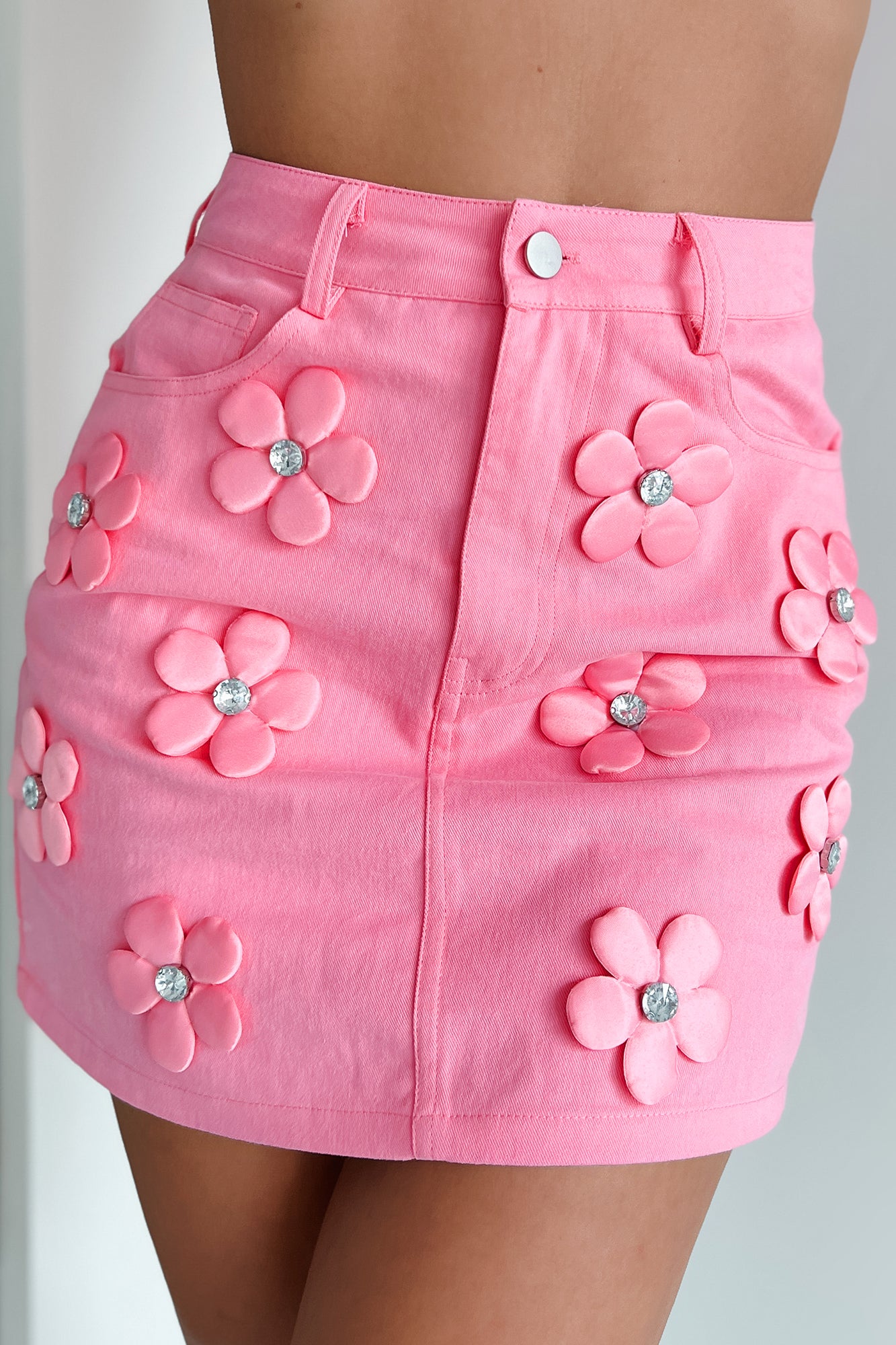 Not Your Average Girl Embellished Denim Mini Skirt (Pink) - NanaMacs