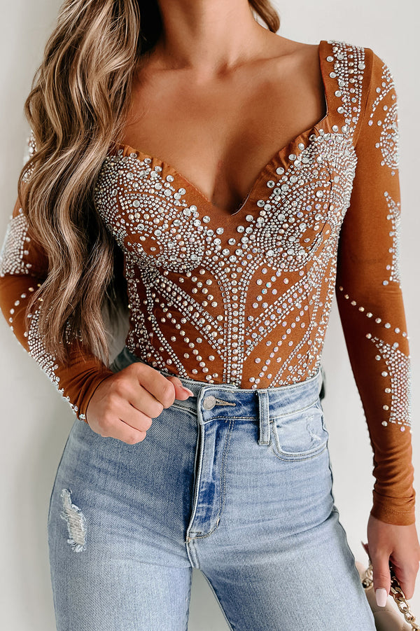 Rise To Fame Long Sleeve Rhinestone Bodysuit (Cognac) - NanaMacs